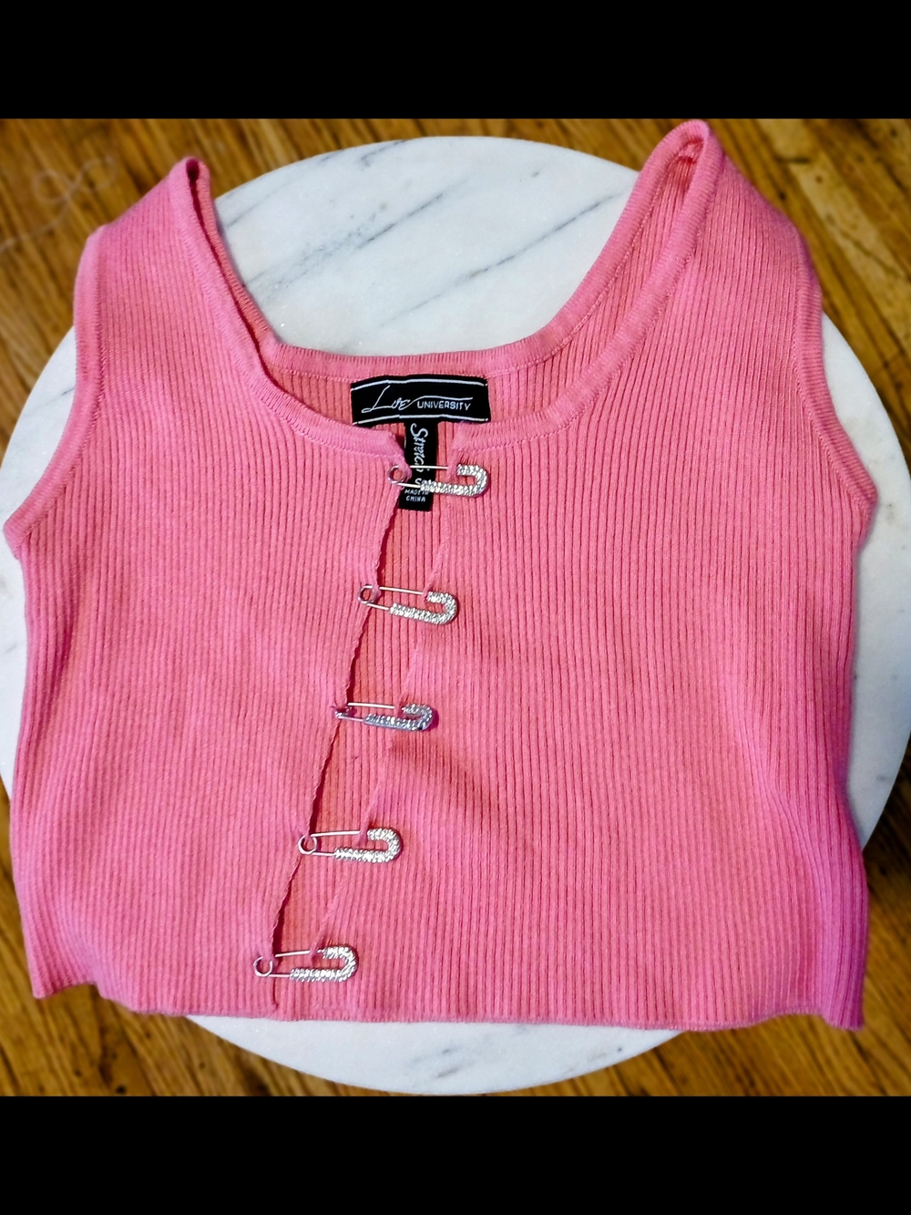 Pink Ribbed Tank with Safety Pin Detail